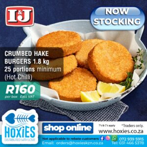 HAKE CRUMBED BURGERS HOT CHILLI I&J 1.8KG (9764)